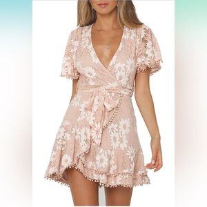 Women's Floral Flower Lace Faux Wrap Mini Dress